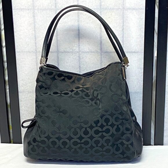 Coach Handbags - Coach Madison Phoebe Black Sateen Op Art Leather Accent Shoulder Hobo Purse Bag